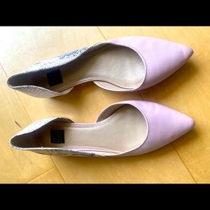 WHBM Light pink front with white snake back flats with small silver metal heel